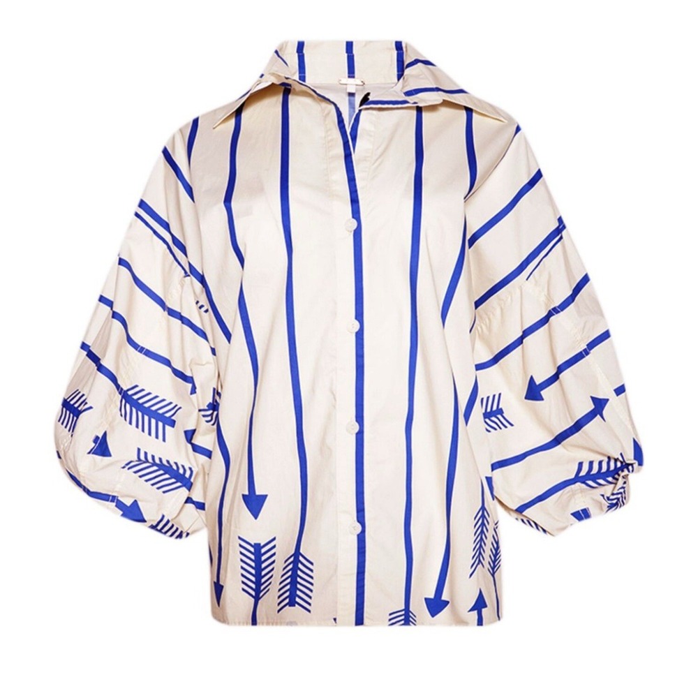 Johanna Ortiz Flechada Shirt Cream Blue Arrow Print Balloon Sleeve US 4 NEW